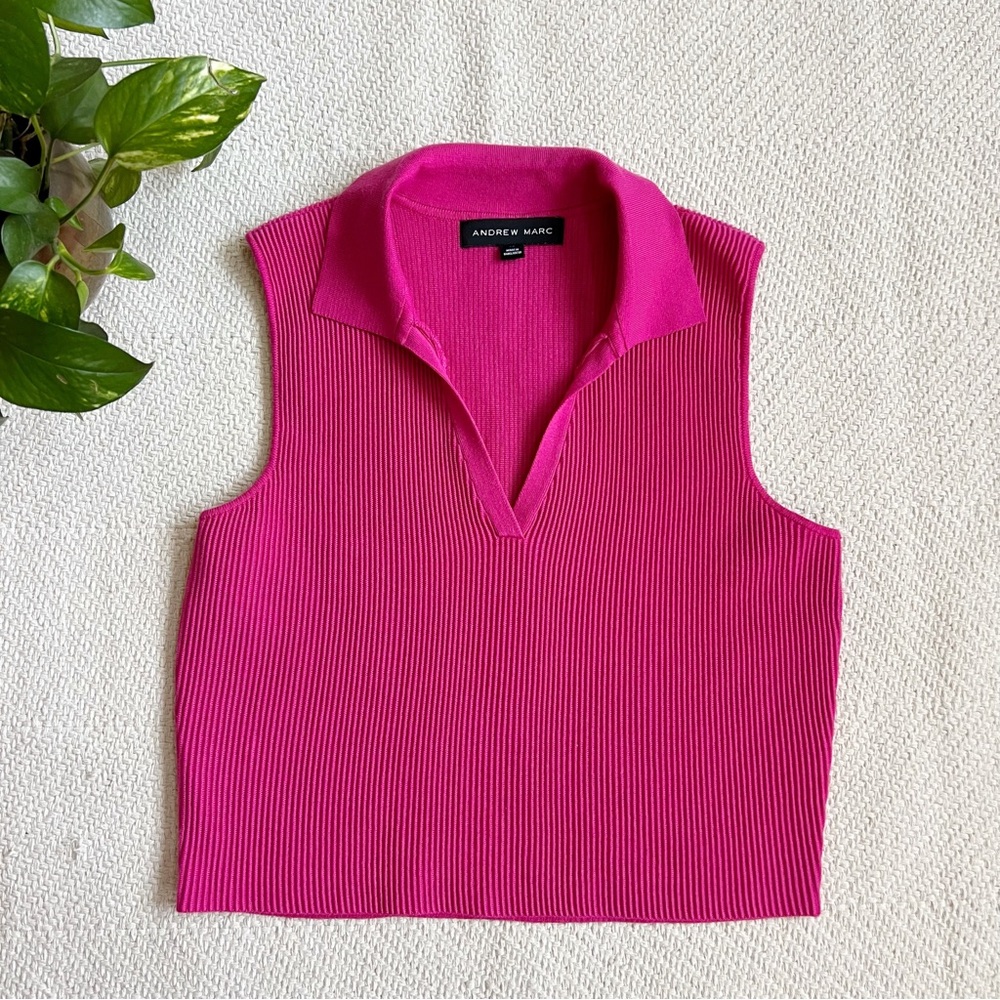 Andrew Marc Pink Ribbed Knit Sleeveless Cropped Polo Top women’s medium
